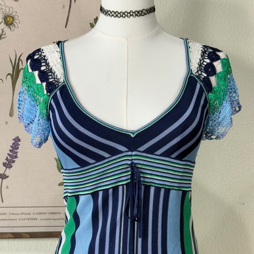 Y2k Striped Crochet Knit Babydoll Top SoCal Preppy Coastal Granddaughter Beach S - Picture 2 of 9